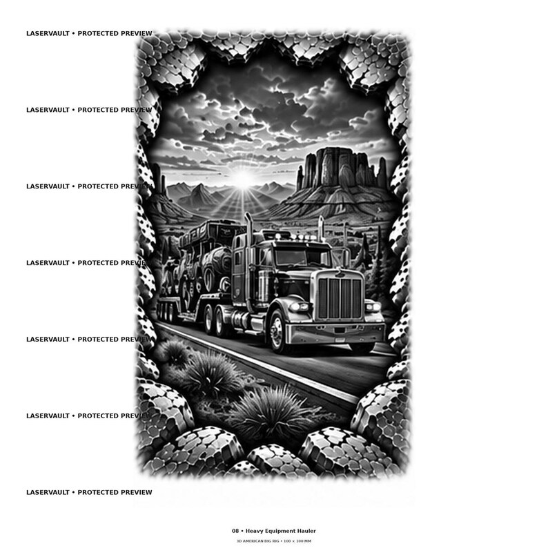 May include: A black and white graphic print featuring a semi-truck hauling heavy equipment on a desert highway. The scene includes mesas, a sunrise, and desert vegetation, all framed by a textured, stone-like border. Text reads LASERVAULT.