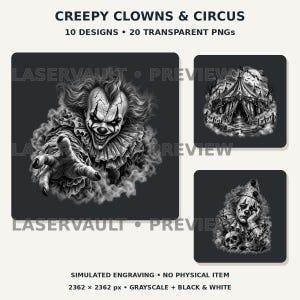 Puede incluir: Una colección digital titulada CREEPY CLOWNS & CIRCUS con 10 diseños y 20 PNG transparentes. Los gráficos incluyen un payaso extendiendo la mano, una carpa de circo y un payaso triste con una calavera, en escala de grises y blanco y negro.