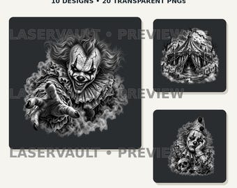 May include: A digital collection titled CREEPY CLOWNS & CIRCUS featuring 10 designs and 20 transparent PNGs. The graphics include a reaching clown, a circus tent, and a sad clown with a skull, all in grayscale and black and white.