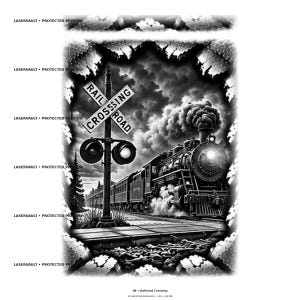 Op de afbeelding: Een zwart-wit grafische illustratie van een stoomlocomotief die een spoorwegovergang nadert. De sc&egrave;ne bevat opstijgende rook, een gedetailleerde trein en een textuurrand. De tekst LASERVAULT PROTECTED PREVIEW is zichtbaar in de afbeelding.