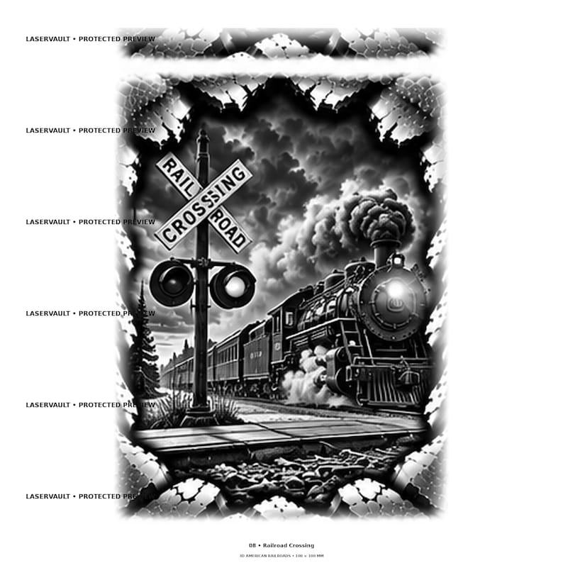 Op de afbeelding: Een zwart-wit grafische illustratie van een stoomlocomotief die een spoorwegovergang nadert. De sc&egrave;ne bevat opstijgende rook, een gedetailleerde trein en een textuurrand. De tekst LASERVAULT PROTECTED PREVIEW is zichtbaar in de afbeelding.
