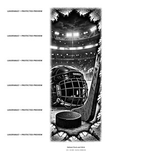 May include: A black and white digital graphic featuring a hockey helmet with a metal cage, a hockey puck, and a hockey stick. The background depicts a stadium with bright lights. The text LASERVAULT &bull; PROTECTED PREVIEW appears repeatedly.