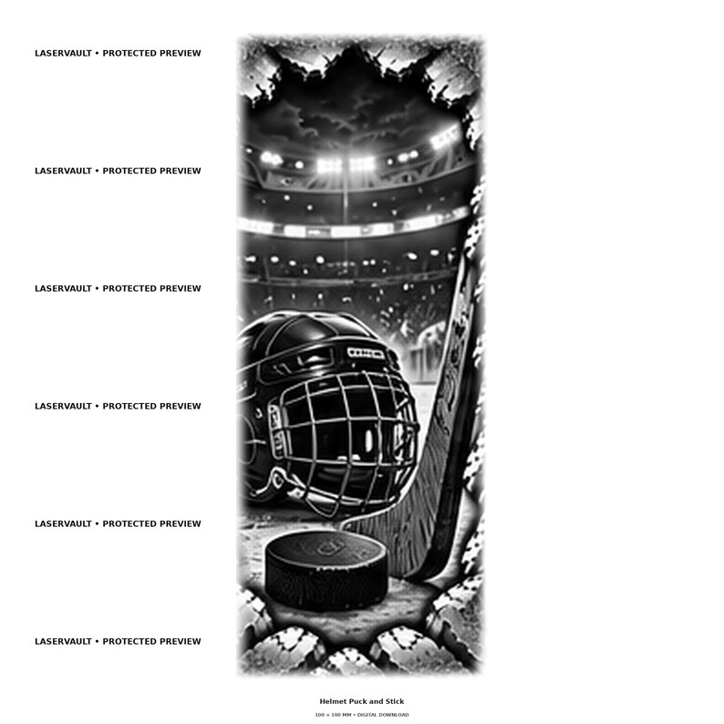 May include: A black and white digital graphic featuring a hockey helmet with a metal cage, a hockey puck, and a hockey stick. The background depicts a stadium with bright lights. The text LASERVAULT &bull; PROTECTED PREVIEW appears repeatedly.