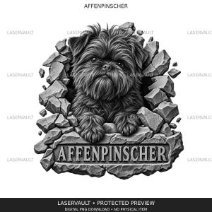 Puede incluir: Una ilustraci&oacute;n gr&aacute;fica en blanco y negro de un perro Affenpinscher emergiendo de un muro de piedra agrietado. El perro tiene pelaje desgre&ntilde;ado y una expresi&oacute;n seria. Debajo del perro, la palabra AFFENPINSCHER est&aacute; tallada en una losa.
