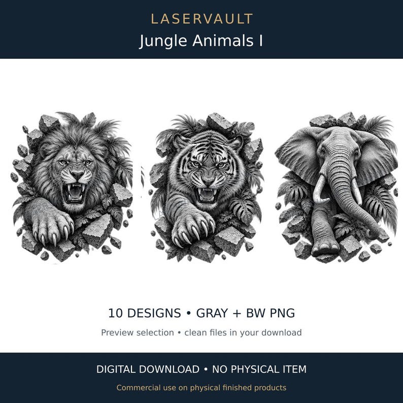 Puede incluir: Un conjunto de descarga digital titulado LASERVAULT Jungle Animals I que incluye 10 dise&ntilde;os PNG en escala de grises y blanco y negro. Las im&aacute;genes muestran un le&oacute;n rugiendo, un tigre gru&ntilde;endo y un elefante emergiendo de piedra rota y follaje.