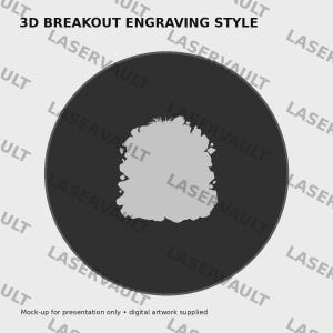 Puede incluir: Un gr&aacute;fico circular gris oscuro con una forma clara, dentada y similar a una nube en el centro. El texto 3D BREAKOUT ENGRAVING STYLE aparece en la parte superior, con LASERVAULT repetido en el fondo y Mock-up for presentation only abajo.