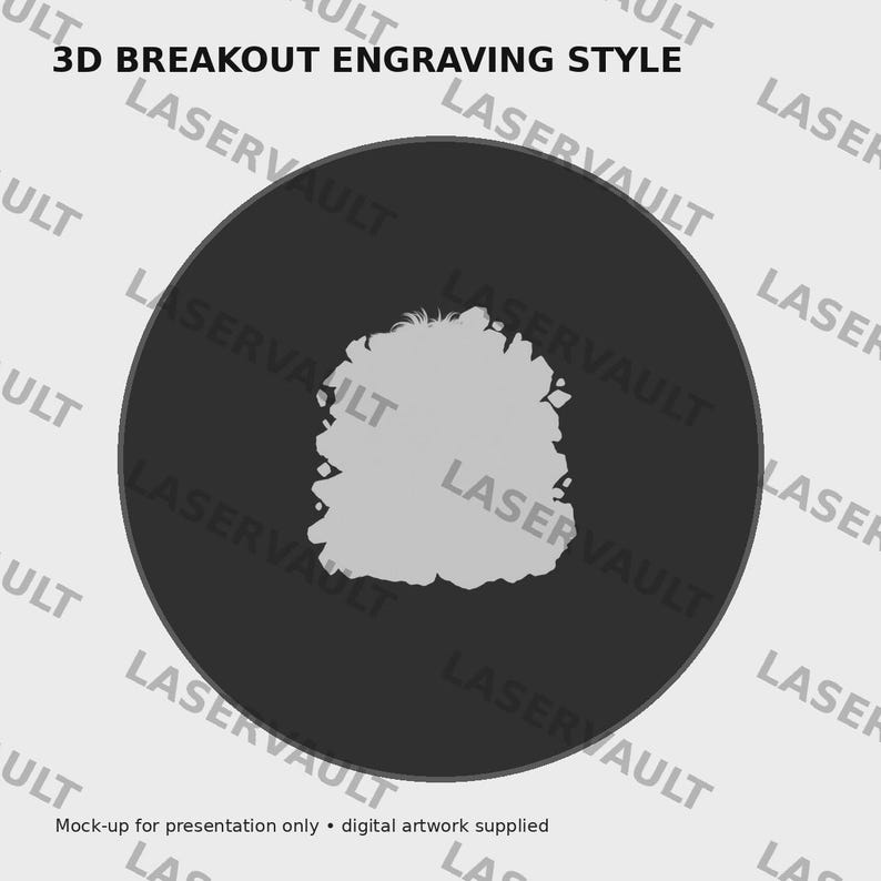Puede incluir: Un gr&aacute;fico circular gris oscuro con una forma clara, dentada y similar a una nube en el centro. El texto 3D BREAKOUT ENGRAVING STYLE aparece en la parte superior, con LASERVAULT repetido en el fondo y Mock-up for presentation only abajo.