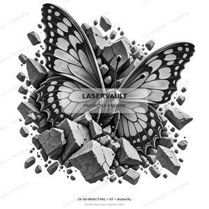 May include: A black and white graphic illustration of a butterfly emerging from cracked stone fragments. The butterfly features detailed wing patterns with dark borders and light centers. The text LASERVAULT PROTECTED PREVIEW is visible.
