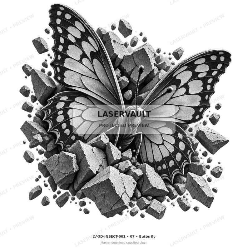 May include: A black and white graphic illustration of a butterfly emerging from cracked stone fragments. The butterfly features detailed wing patterns with dark borders and light centers. The text LASERVAULT PROTECTED PREVIEW is visible.