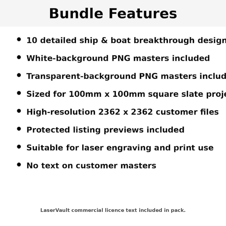 Op de afbeelding: Een digitale infographic getiteld Bundle Features met 10 scheeps- en bootontwerpen, witte en transparante PNG-masters, 100mm x 100mm formaat, 2362 x 2362 resolutie, beschermde voorbeelden en compatibiliteit voor lasergraveren.