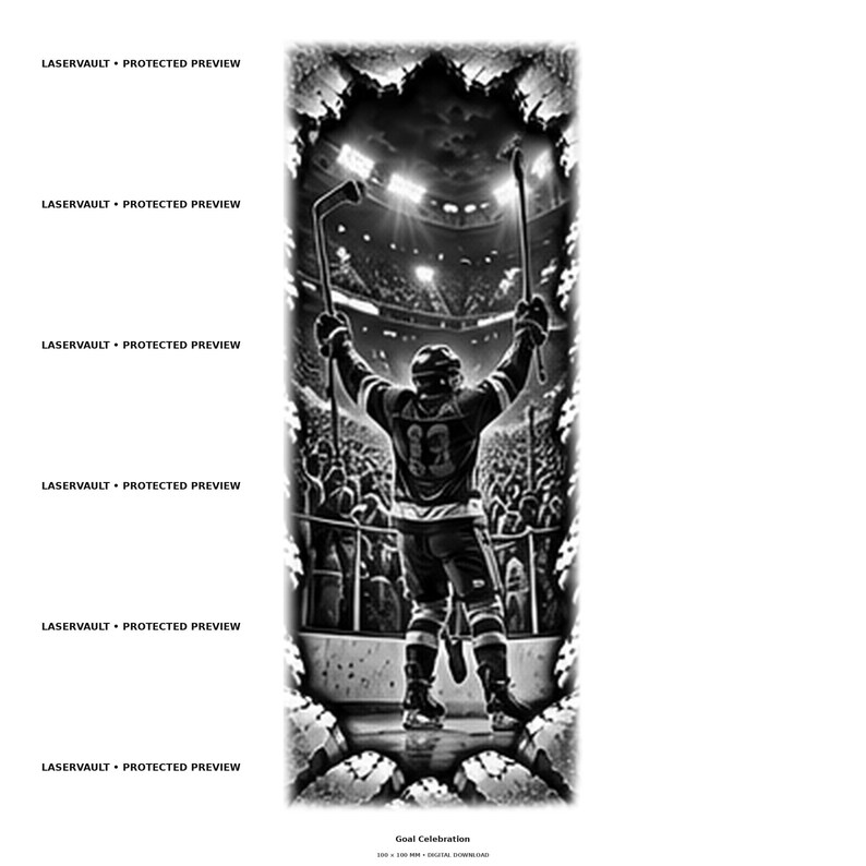 May include: A black and white digital illustration of a hockey player standing on the ice with arms raised, holding a hockey stick in each hand. The player faces a crowded stadium arena. The text LASERVAULT &bull; PROTECTED PREVIEW appears on the left.