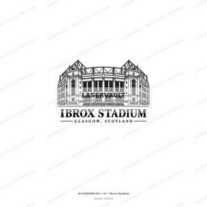 May include: A black and white line art illustration of Ibrox Stadium in Glasgow, Scotland. The graphic features the architectural facade of the stadium with detailed structural lines, topped with the text Ibrox Stadium and Glasgow, Scotland.