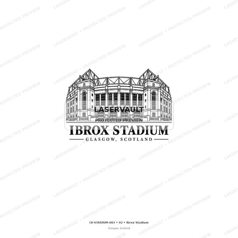 May include: A black and white line art illustration of Ibrox Stadium in Glasgow, Scotland. The graphic features the architectural facade of the stadium with detailed structural lines, topped with the text Ibrox Stadium and Glasgow, Scotland.