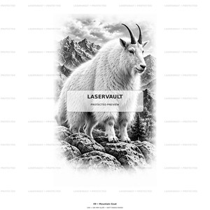 Op de afbeelding: Een zwart-witillustratie van een berggeit die op rotsachtig terrein staat met een bergketen op de achtergrond. De afbeelding bevat de tekst LASERVAULT PROTECTED PREVIEW in het midden en 09 Mountain Goat 100 x 100 mm slate.