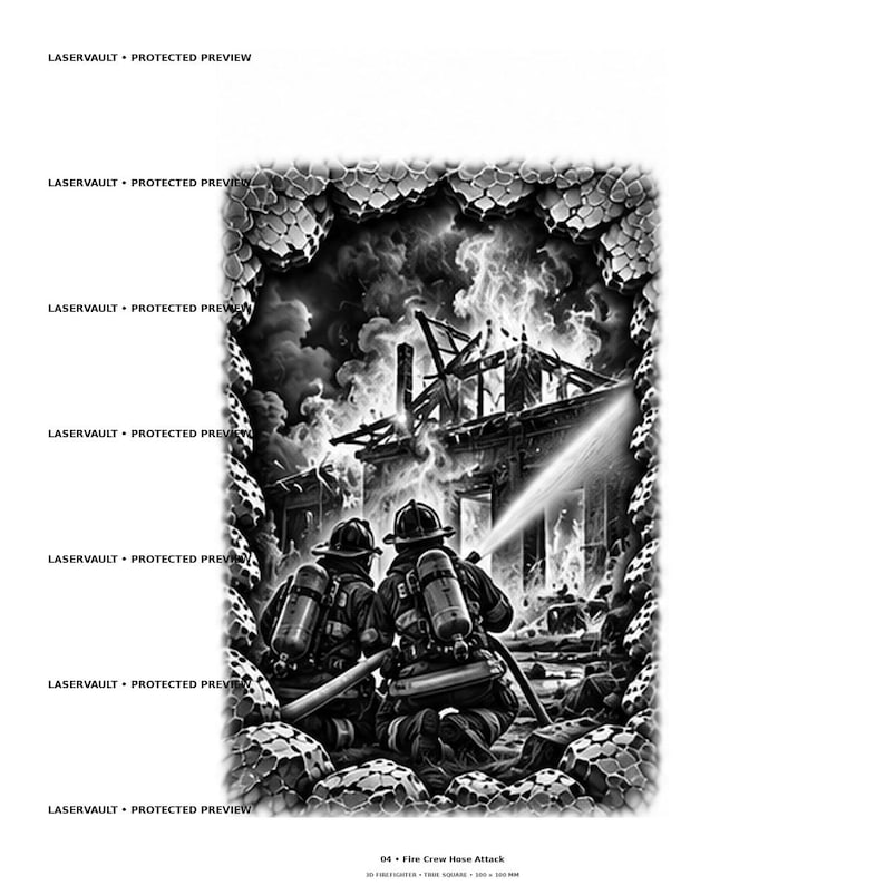May include: A black and white graphic illustration depicting two firefighters in protective gear and oxygen tanks kneeling while aiming a hose at a burning building structure. The scene is framed by a textured, honeycomb-like border pattern.