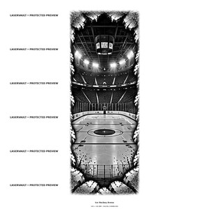 May include: A black and white digital graphic of an ice hockey arena, featuring a central rink, surrounding seating, and overhead stadium lights. The image is framed by a jagged, distressed border and includes the text LASERVAULT &bull; PROTECTED PREVIEW.