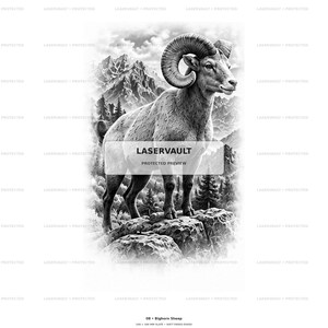 Op de afbeelding: Een zwart-witillustratie van een dikhoornschaap dat op een rotsachtig uitsteeksel staat met een achtergrond van bergen en bossen. De afbeelding bevat de tekst LASERVAULT PROTECTED PREVIEW in het midden en 08 Bighorn Sheep onderaan.