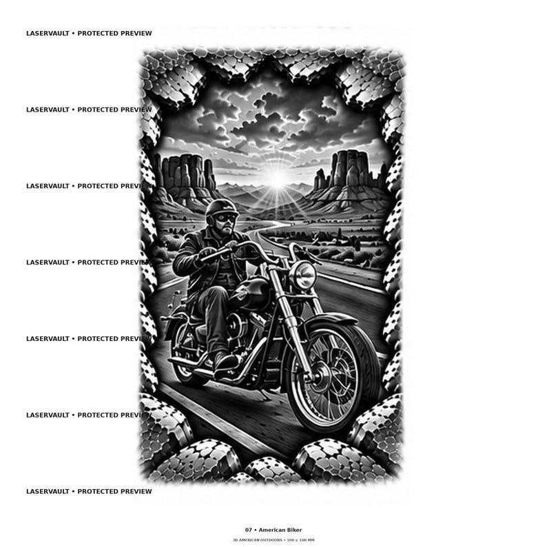 May include: A black and white graphic illustration featuring a motorcyclist riding a cruiser motorcycle on a desert highway. The scene includes mesas, a sunburst, and a textured border. The text LASERVAULT PROTECTED PREVIEW appears repeatedly.