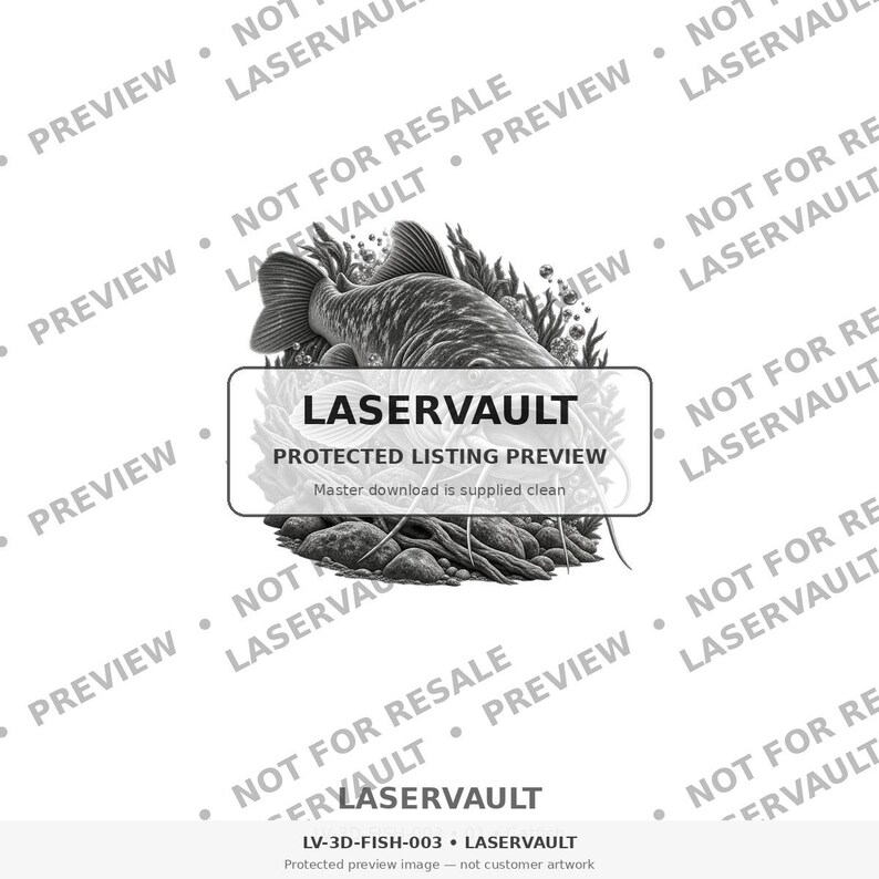 Puede incluir: Una ilustraci&oacute;n digital en blanco y negro de un siluro nadando entre plantas acu&aacute;ticas y rocas. La imagen presenta una superposici&oacute;n rectangular con el texto LASERVAULT PROTECTED LISTING PREVIEW y la marca de agua repetida PREVIEW NOT FOR RESALE.