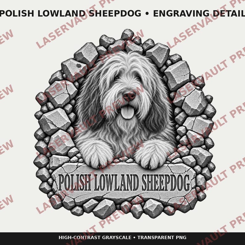 Polsk låglandshund 3D-hund lasergravering PNG | Gråskala och svartvitt | Digital nedladdning bild 2