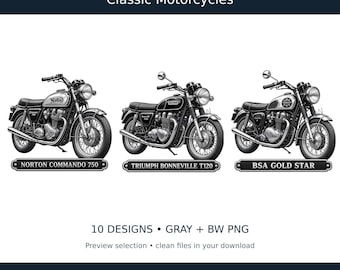 Op de afbeelding: Een digitale grafische set getiteld LASERVAULT Classic Motorcycles met drie gedetailleerde zwart-witillustraties van vintage motorfietsen, gelabeld als Norton Commando 750, Triumph Bonneville T120 en BSA Gold Star op individuele platen.