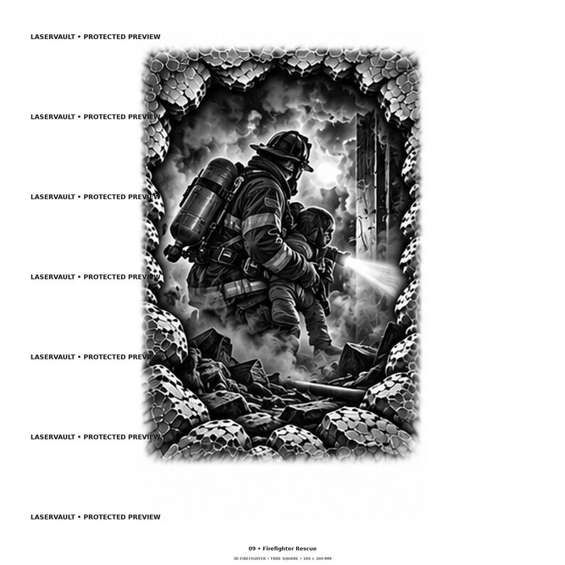 May include: A black and white graphic illustration of a firefighter in full gear carrying a child through debris. The scene features a smoke-filled environment, a bright flashlight beam, and a textured border. Text reads LASERVAULT PROTECTED PREVIEW.