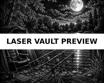 Op de afbeelding: Een zwart-wit digitale afbeelding met een nachtscène met een volle maan boven een meer, een campingstoel, hengels op standaards en een schepnet. De tekst LASER VAULT PREVIEW en LV-FISH-002 | DESIGN 12 | DIGITAL DOWNLOAD PREVIEW is aanwezig.