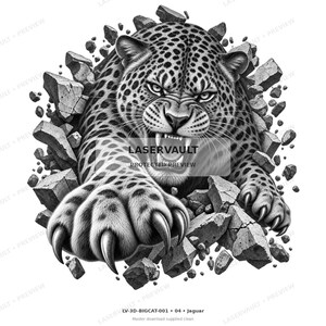 May include: A black and white graphic illustration of a snarling jaguar breaking through a wall of stone debris. The jaguar has sharp claws extended forward, and the text LASERVAULT PROTECTED PREVIEW is centred over the animal's face.