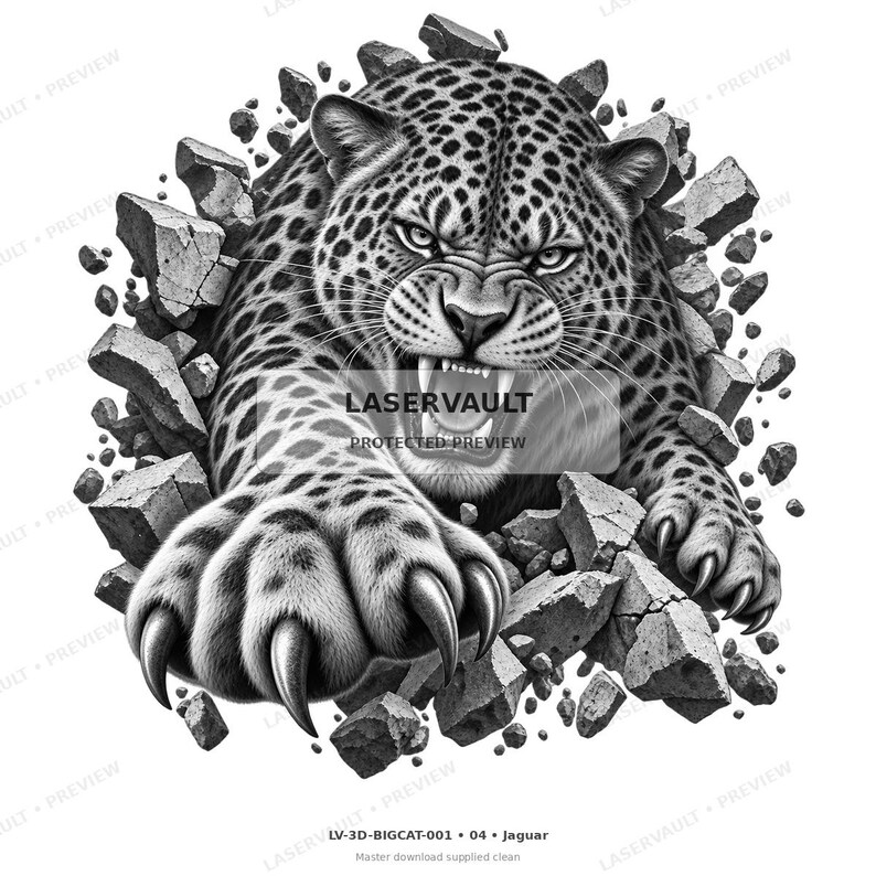May include: A black and white graphic illustration of a snarling jaguar breaking through a wall of stone debris. The jaguar has sharp claws extended forward, and the text LASERVAULT PROTECTED PREVIEW is centred over the animal's face.