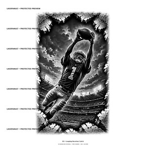 May include: A black and white graphic illustration of an American football player wearing a jersey with the number 1, leaping to catch a football. The scene is set in a stadium under bright lights, framed by a jagged, textured border pattern.