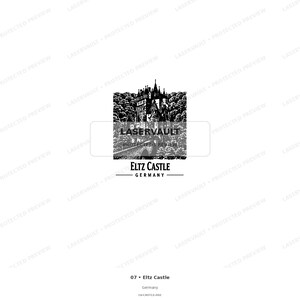 Puede incluir: Una ilustraci&oacute;n gr&aacute;fica en blanco y negro del Castillo de Eltz en Alemania, con torres arquitect&oacute;nicas detalladas y &aacute;rboles. El texto LASERVAULT PROTECTED PREVIEW est&aacute; superpuesto, con ELTZ CASTLE GERMANY impreso debajo.