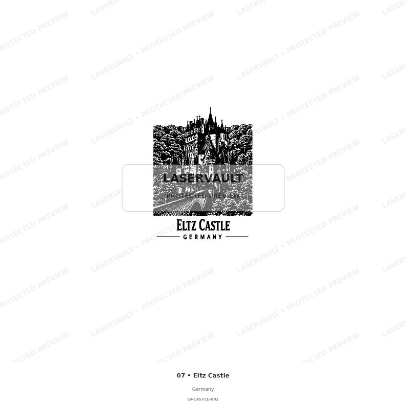 Puede incluir: Una ilustraci&oacute;n gr&aacute;fica en blanco y negro del Castillo de Eltz en Alemania, con torres arquitect&oacute;nicas detalladas y &aacute;rboles. El texto LASERVAULT PROTECTED PREVIEW est&aacute; superpuesto, con ELTZ CASTLE GERMANY impreso debajo.