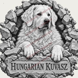 Może przedstawiać: Czarno-biała ilustracja graficzna przedstawiająca węgierskiego psa rasy Kuvasz wyłaniającego się z rozbitego kamiennego muru. Pies ma gęstą, falistą sierść i patrzy w prawo. Pod psem znajduje się napis HUNGARIAN KUVASZ HIGH-DETAIL ENGRAVING ART.