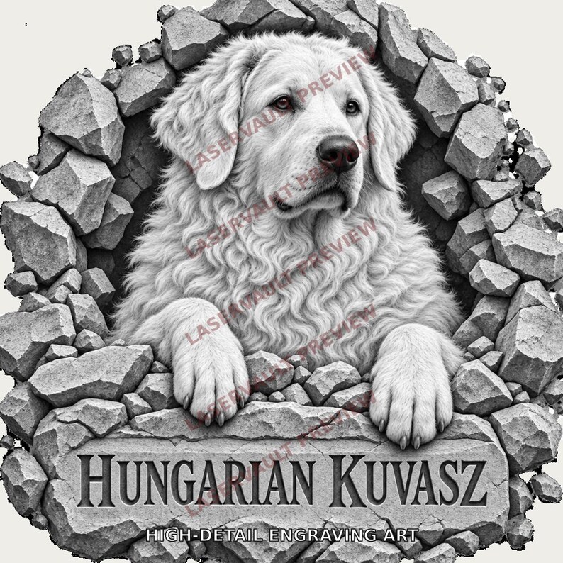 Może przedstawiać: Czarno-biała ilustracja graficzna przedstawiająca węgierskiego psa rasy Kuvasz wyłaniającego się z rozbitego kamiennego muru. Pies ma gęstą, falistą sierść i patrzy w prawo. Pod psem znajduje się napis HUNGARIAN KUVASZ HIGH-DETAIL ENGRAVING ART.