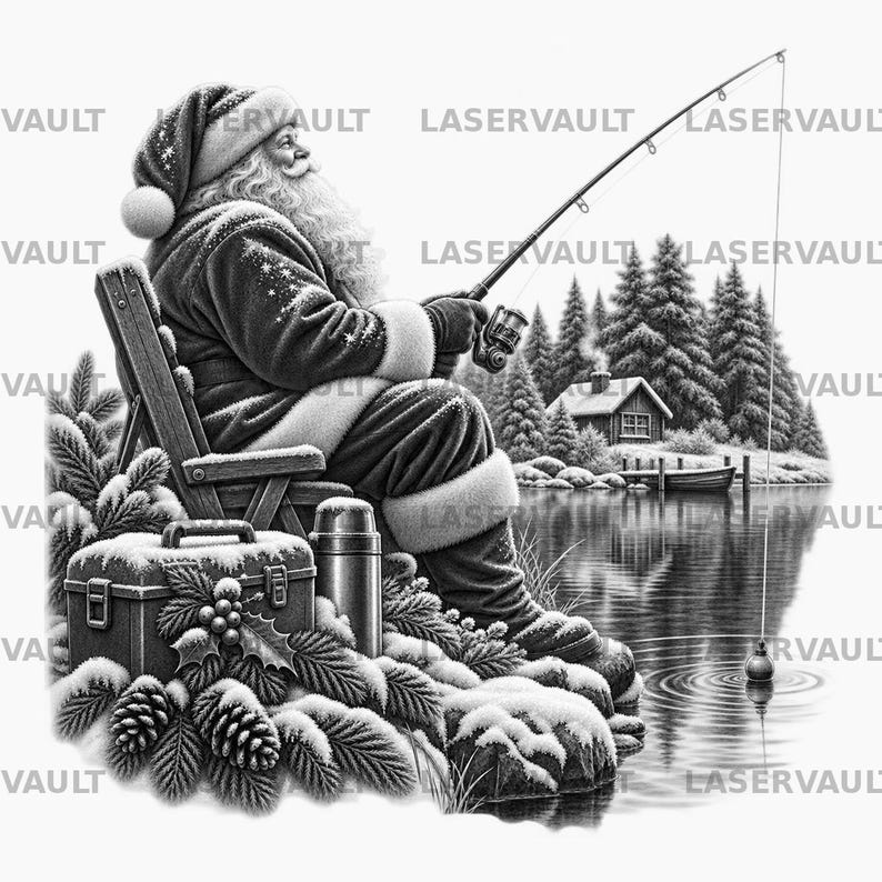 Puede incluir: Una ilustraci&oacute;n en blanco y negro de Santa Claus sentado en una silla de madera junto a un lago, sosteniendo una ca&ntilde;a de pescar. Una caja de aparejos y un termo descansan sobre ramas de pino nevadas. Se ve una caba&ntilde;a y pinos al fondo.