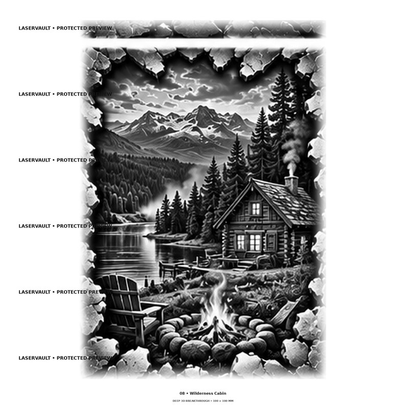 以下が含まれることがあります： 08 Wilderness Cabinと題された白黒のグラフィックプリント。湖畔のログキャビン、キャンプファイヤー、山々が描かれ、ひび割れた石の縁取りで囲まれています。画像全体にLASERVAULT PROTECTED PREVIEWというテキストが繰り返し表示されています。