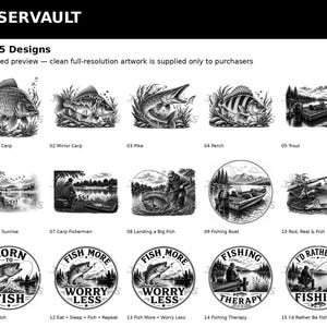 Puede incluir: Una colecci&oacute;n de 15 dise&ntilde;os gr&aacute;ficos en blanco y negro con temas de pesca, que incluyen ilustraciones de varias especies de peces como carpas, lucios, percas y truchas, junto con escenas de pescadores, barcos y esl&oacute;ganes de pesca.
