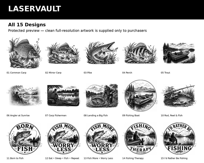 Puede incluir: Una colecci&oacute;n de 15 dise&ntilde;os gr&aacute;ficos en blanco y negro con temas de pesca, que incluyen ilustraciones de varias especies de peces como carpas, lucios, percas y truchas, junto con escenas de pescadores, barcos y esl&oacute;ganes de pesca.