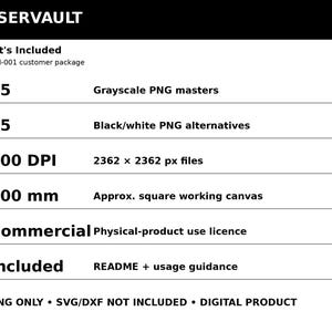 Puede incluir: El paquete digital LASERVAULT incluye 15 archivos maestros PNG en escala de grises, 15 alternativas PNG en blanco y negro, 600 DPI, archivos de 2362 x 2362 px, un lienzo de trabajo cuadrado de 100 mm, licencia comercial y gu&iacute;a de uso.