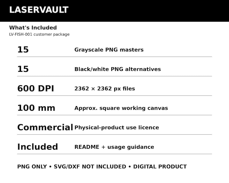 Puede incluir: El paquete digital LASERVAULT incluye 15 archivos maestros PNG en escala de grises, 15 alternativas PNG en blanco y negro, 600 DPI, archivos de 2362 x 2362 px, un lienzo de trabajo cuadrado de 100 mm, licencia comercial y gu&iacute;a de uso.
