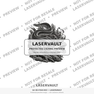 Puede incluir: Una ilustraci&oacute;n digital en blanco y negro de una anguila nadando entre plantas acu&aacute;ticas y rocas. Una superposici&oacute;n rectangular en el centro contiene el texto LASERVAULT PROTECTED LISTING PREVIEW. El fondo presenta texto repetido como marca de agua.