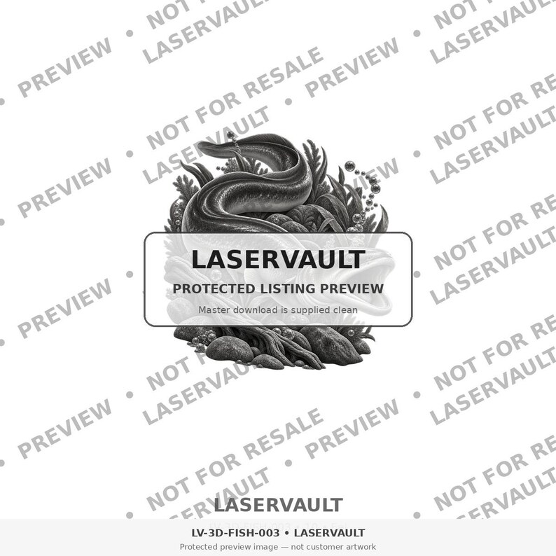 Puede incluir: Una ilustraci&oacute;n digital en blanco y negro de una anguila nadando entre plantas acu&aacute;ticas y rocas. Una superposici&oacute;n rectangular en el centro contiene el texto LASERVAULT PROTECTED LISTING PREVIEW. El fondo presenta texto repetido como marca de agua.