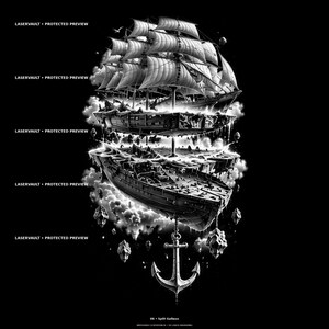 May include: A black and white digital illustration of a split galleon ship with multiple decks separated by clouds and floating rocks. The ship features detailed sails and rigging, with a large anchor hanging from the bottom. Text reads LASERVAULT.