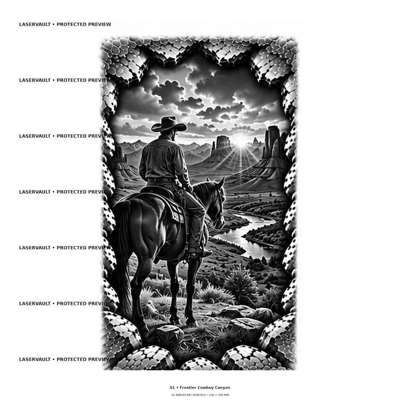 May include: A black and white graphic print titled 01 Frontier Cowboy Canyon featuring a cowboy on horseback overlooking a river valley with mesas at sunrise, framed by a textured border with the repeated text LASERVAULT PROTECTED PREVIEW.