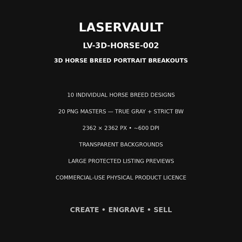 May include: A black digital product information sheet titled LASERVAULT LV-3D-HORSE-002 3D HORSE BREED PORTRAIT BREAKOUTS. It lists 10 individual horse breed designs, 20 PNG masters, 2362 x 2362 px, 600 DPI, transparent backgrounds, and a licence.