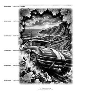Może przedstawiać: Czarno-biała ilustracja graficzna przedstawiająca klasyczny samoch&oacute;d typu muscle car przebijający się przez rozbitą ścianę. W tle widać drogę nadmorską, ocean i zach&oacute;d słońca. Wielokrotnie pojawia się tekst LASERVAULT PROTECTED PREVIEW.