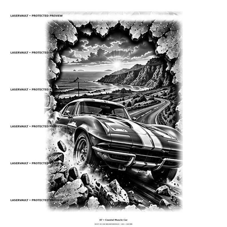 Może przedstawiać: Czarno-biała ilustracja graficzna przedstawiająca klasyczny samoch&oacute;d typu muscle car przebijający się przez rozbitą ścianę. W tle widać drogę nadmorską, ocean i zach&oacute;d słońca. Wielokrotnie pojawia się tekst LASERVAULT PROTECTED PREVIEW.