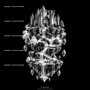 May include: A black and white digital illustration of a multi-tiered floating castle complex. The structure features three distinct rocky islands connected by stone staircases and cascading waterfalls, with small trees and clouds surrounding the base.