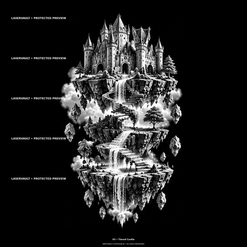 May include: A black and white digital illustration of a multi-tiered floating castle complex. The structure features three distinct rocky islands connected by stone staircases and cascading waterfalls, with small trees and clouds surrounding the base.