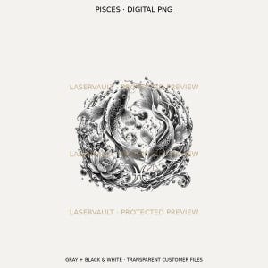Puede incluir: Una ilustraci&oacute;n digital en blanco y negro de dos peces koi nadando en movimiento circular entre salpicaduras de agua y flores de loto. El s&iacute;mbolo del zodiaco Piscis est&aacute; centrado en la parte inferior. El texto dice PISCES DIGITAL PNG y LASERVAULT.